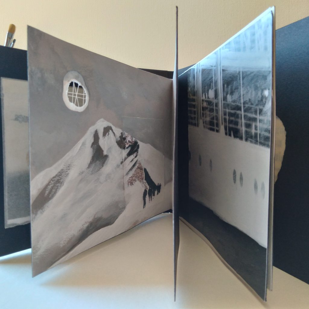 Libro de artista. Libro objeto de la artista Cecilia Zabaleta. Arte memoria y archivo. Libro instalación hecho a mano, dibujo, pintura, collage y bordado.
