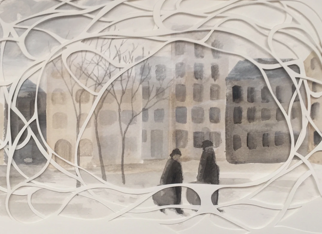 Memoria migrante Técnica mixta, acuarela y papel cortado, papercut. Cecilia Zabaleta, artista visual. Exposición Memoria Migrante. Biblioteca de Santiago, itinerancia Bibliotecas Viva.