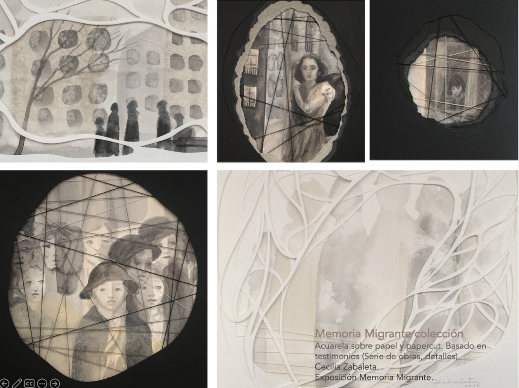 Exposición Memoria Migrante de la artista Cecilia Zabaleta obras en técnica mixta, acuarela y papercut