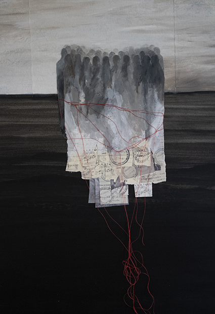 Los 2000 del Winnipeg. Técnica mixta, óleo, collage e hilos. Exposición Diario de a bordo. Cartografía interior: Cecilia Zabaleta, artista visual