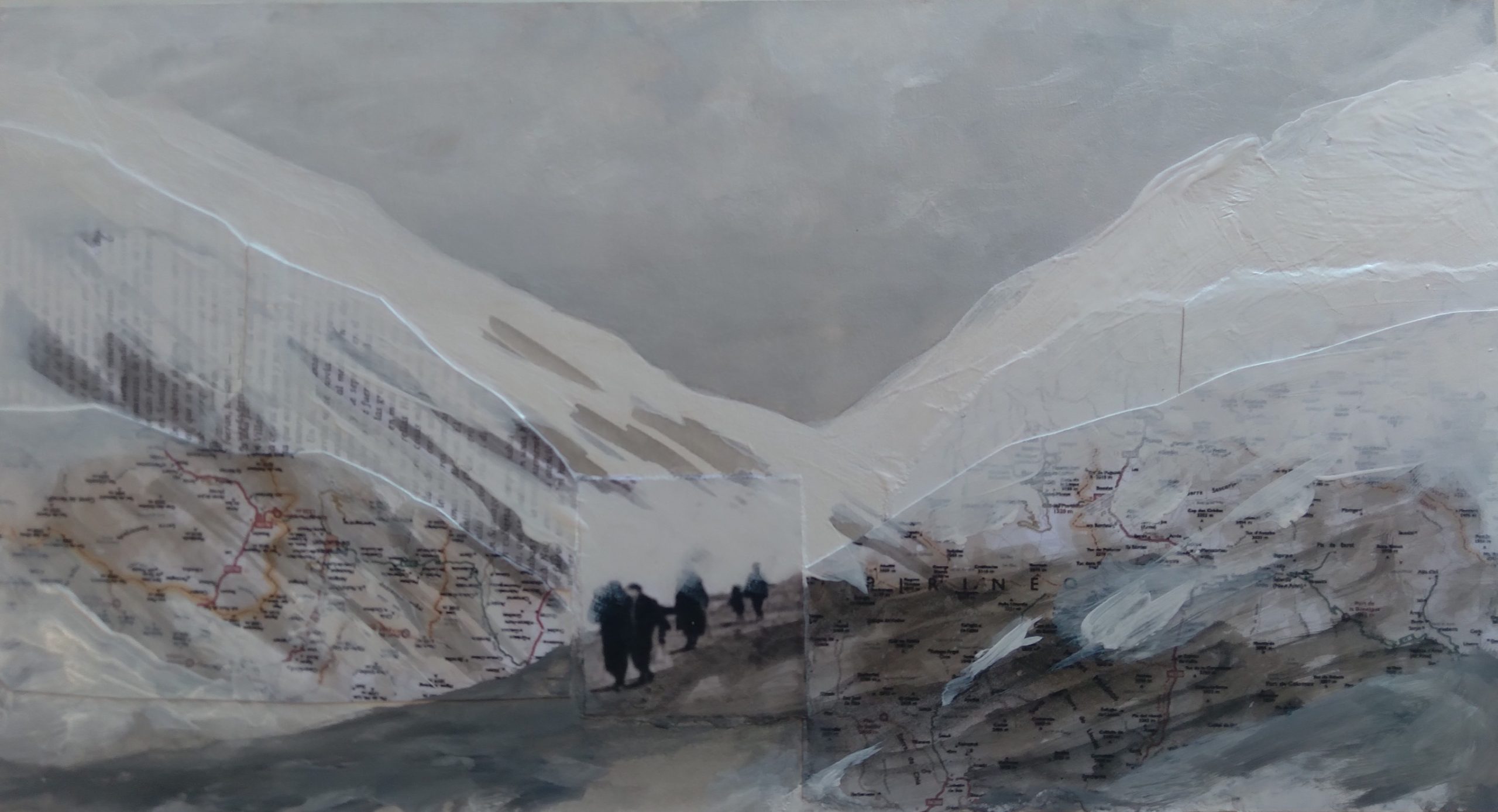 Cruce Pirineos. Pintura y collage. Artista: Cecilia Zabaleta para video Museo de la Paz de Gernika.
