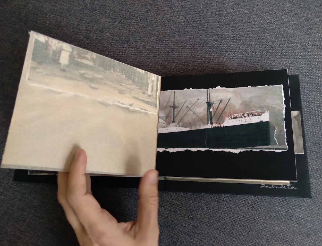 Libro de artista, técnica mixta, pintura, collage, hilos. Obra única. Hecho a mano. Libro objeto. Cecilia Zabaleta artista visual.