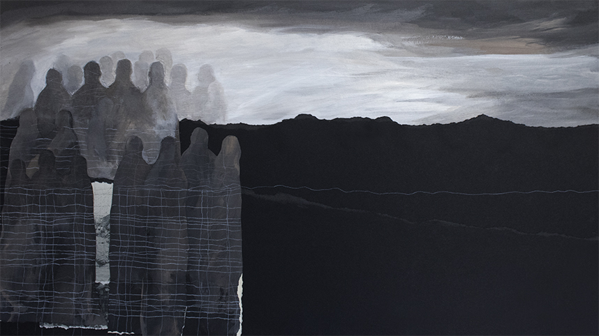 Obra Cartografía interior de la artista Cecilia Zabaleta. Exposición Diario de a bordo Cartografía interior. Técnica mixta, Collage, pintura al óleo