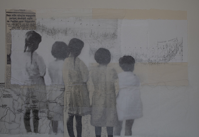 Obra Niñas y niños del Winnipeg de la artista Cecilia Zabaleta. Exposición Diario de a bordo Cartografía interior. Técnica mixta, Collage, pastel y bordado.